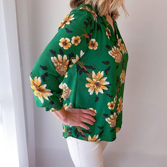 emerald green and yellow flower blouse - Picture 6 of 15